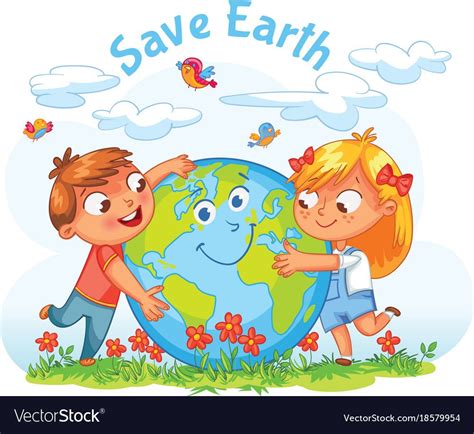 Save Earth. April 22 - Earth Day. Boy and girl hugging the Globe. Funny ...