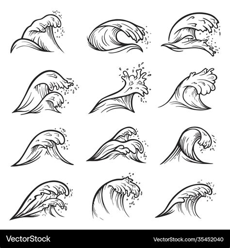 Sea wave crest ocean surf or tide set Royalty Free Vector