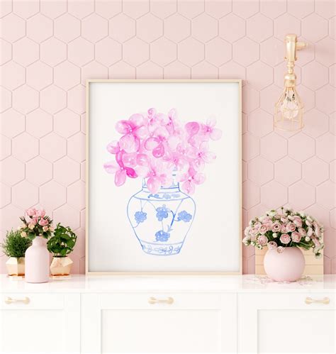 Watercolor Hot Pink Hydrangea Print, Watercolor Pink Hydrangea Print, Hydrangea Blue Vase ...