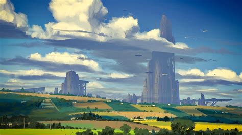 2560x1440 Resolution Sci Fi Countryside Painting City 1440P Resolution Wallpaper - Wallpapers Den