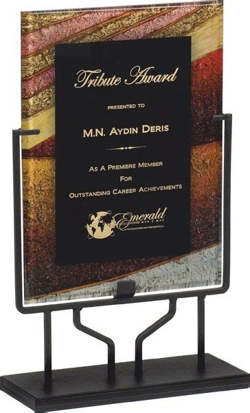 an award plaque is displayed on a stand