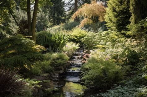 Gardens with Babbling Brook, Waterfall and Towering Trees Stock Photo - Image of scenery, trees ...