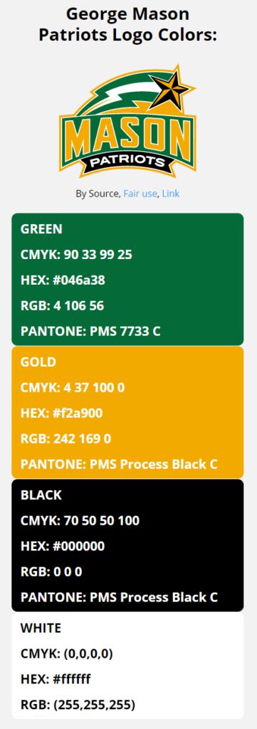 George Mason Patriots Team Colors | HEX, RGB, CMYK, PANTONE COLOR CODES ...