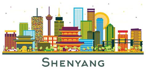 Shenyang China city skyline with Color Buildings isolated on white. Shenyang cityscape with ...