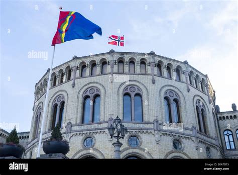 Oslo 20220206. The Sami flag in front of the Norwegian Parliament in ...