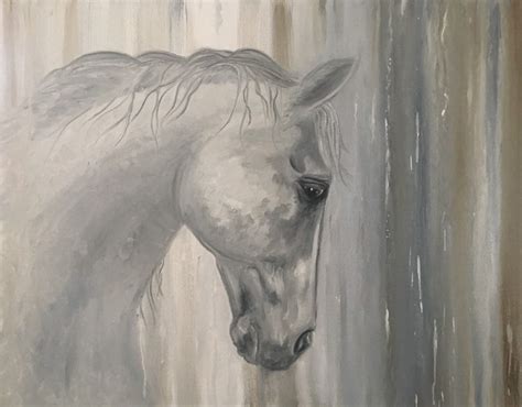 White Horse Oil Painting on Canvas With Brown and Grey Abstract Background - Etsy