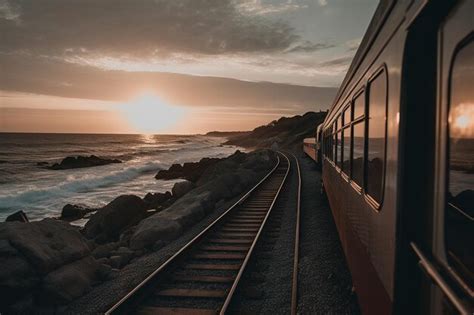 Premium AI Image | train tracks with a sunset in the background