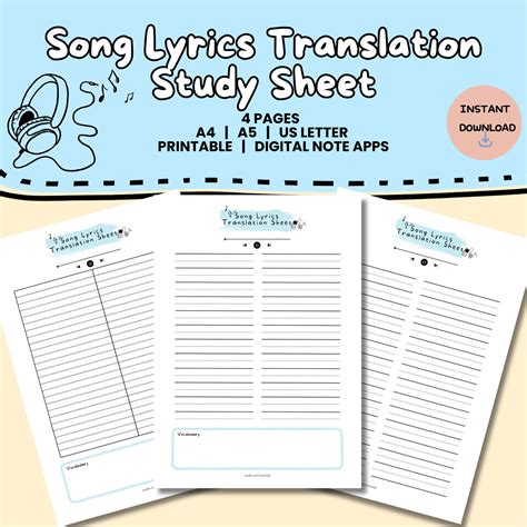 Song Lyrics Translation Worksheet Study Pack (Download Now) - Etsy