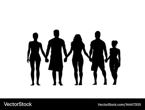 Silhouette people group stand holding hands man Vector Image