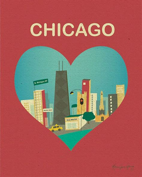 Chicago and Heart - Travel Poster Print Art - style E8-O-CHI4 Chicago Skyline Art, Chicago Wall ...