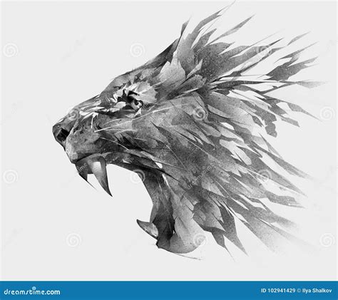 Monochrome Stylized Drawing of Lion Face Side View Stock Illustration ...