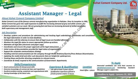 Kohat Cement Company Ltd Jobs Assistant Manager Legal