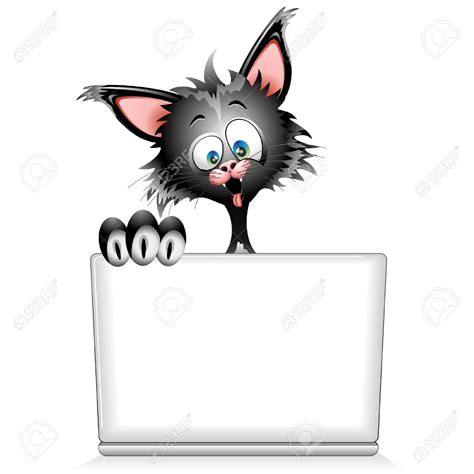 Funny Cat Cartoon With Computer Laptop Royalty Free Cliparts, Vectors ...