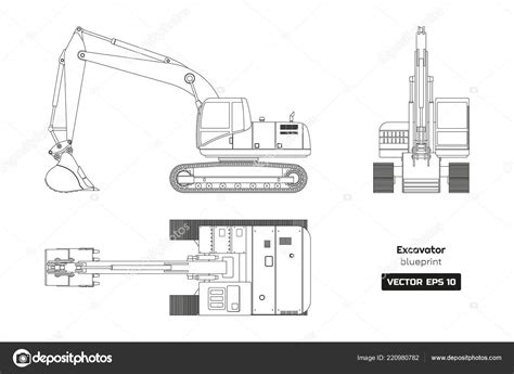 Outline drawing of excavator on white background. Top, side and front view. Diesel digger ...