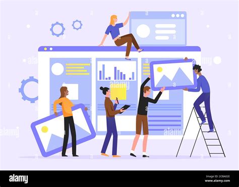 Teamwork develop social media content vector illustration. Cartoon flat tiny developer designer ...