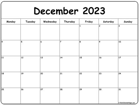 December 2023 Monday Calendar | Monday to Sunday