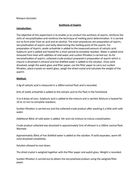 Synthesis of aspirin - Lab report - Marquis Gonzalez Synthesis of ...