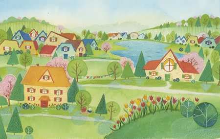 Stock Illustration - View of village at spring