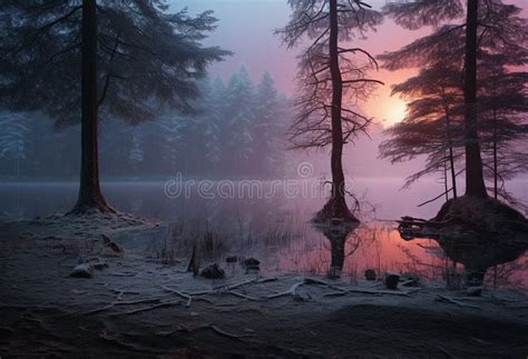 Misty Foggy Forest and Lake Landscape in Morning Light at Sunrise ...