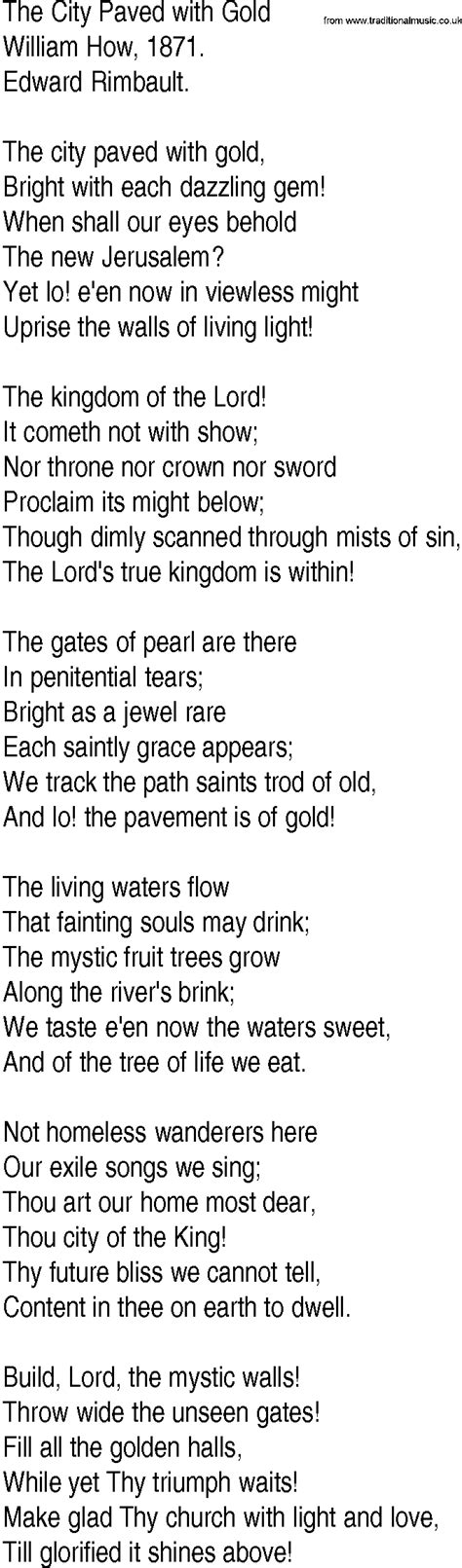 Hymn and Gospel Song Lyrics for The City Paved with Gold by William How