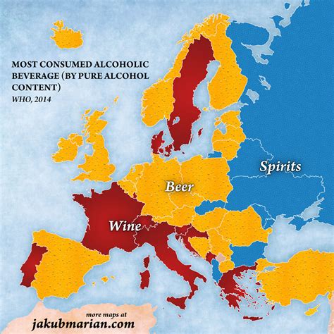 Amount of alcohol consumed per capita by country in Europe (map)