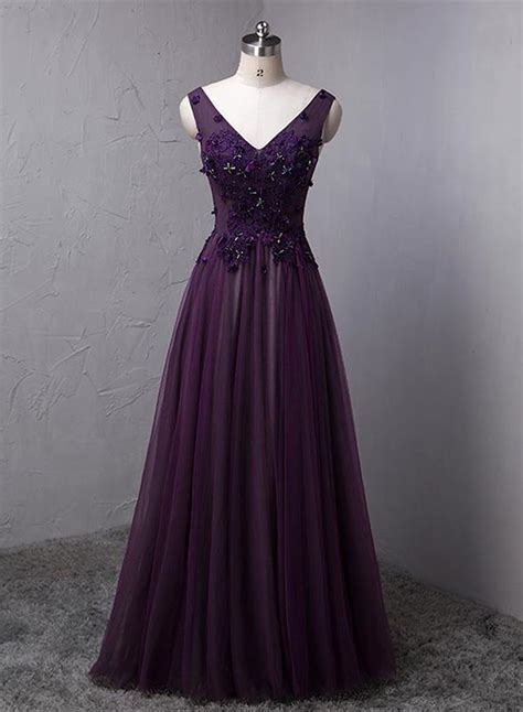 Dark Purple V-neckline Beaded Tulle Long Formal Dress, Purple Evening ...