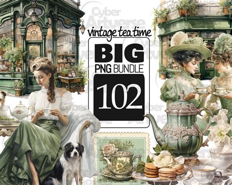 PNG Vintage Tea Time Clipart BIG Bundle Green Watercolor Collection ...