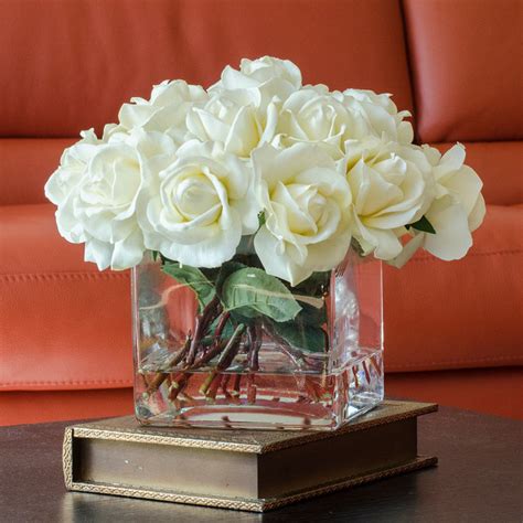 White Real Touch Roses Faux Arrangement & Centerpiece for Home Decor - Contemporary - Artificial ...