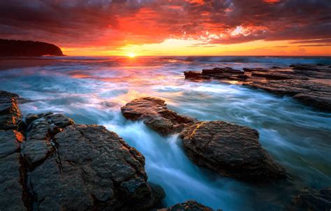 Wallpaper sea, water, the sun, sunrise, rocks, beach, sea, water, rocks, Sydney, Seascape ...