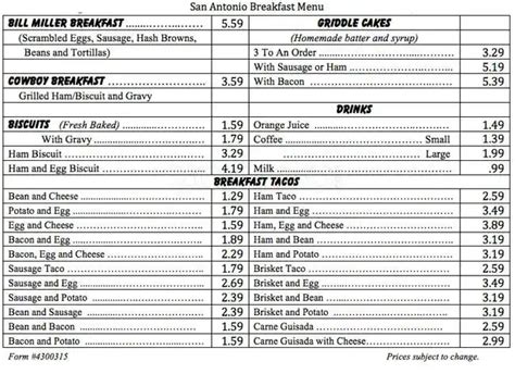 Menu at Bill Miller Bar-B-Q, San Antonio, 301 S Flores St