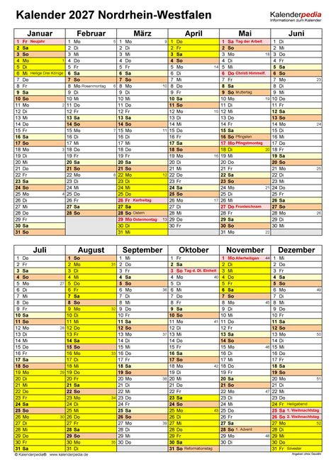 Kalender 2027 NRW: Ferien, Feiertage, Excel-Vorlagen