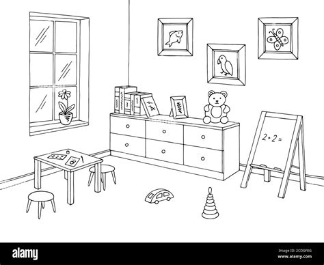 Preschool classroom graphic black white interior sketch illustration ...