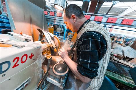 Glass Production Worker Working With Industry Equipment On Factory Background Editorial Stock ...