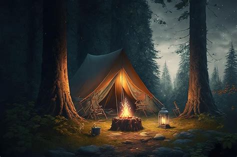 Premium Photo | Camping at night in the forest with camp fire