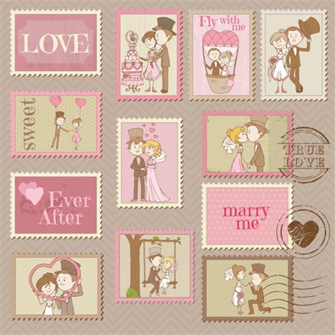 Wedding with love postage stamps vintage vector Vectors graphic art ...