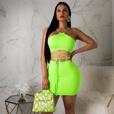 Womens Sexy Two Piece Set Party Club Summer Outfits For Women Neon Crop ...