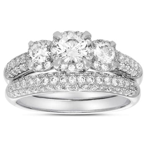 2 Carat Three Stone Trilogy Round Diamond Wedding Ring Set in White ...