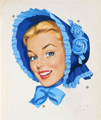 Smiling blonde woman in blue bonnet illus. for Blue Bonnet butter by Len Goldberg on artnet