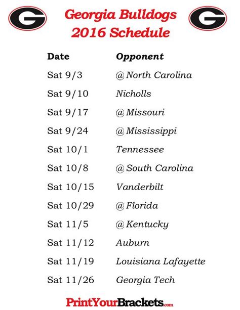 Printable Georgia Bulldogs Football Schedule 2016 | Georgia bulldogs ...