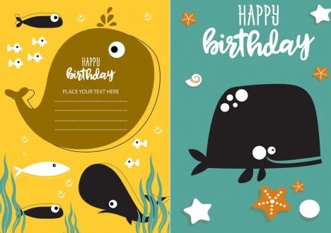 Birthday card templates whale fish icons decor vectors stock in format for free download 2.66MB