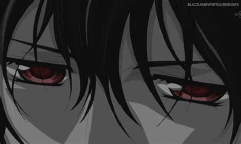 an anime character with long black hair and red eyes looking at the ...