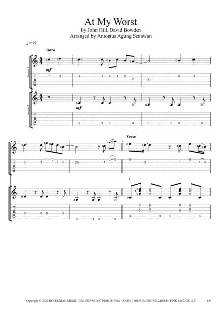 At My Worst (arr. Antonius Agung Setiawan) Sheet Music | Pink Sweat$ | Guitar Tab