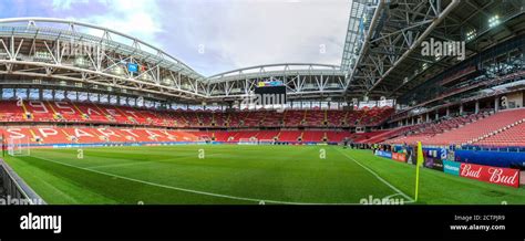 Moscow, Russia – June 20, 2017. Interior view of Spartak Moscow stadium in Moscow, with pitch ...