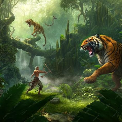 Premium AI Image | arafed tiger attacking a man in a jungle with a ...