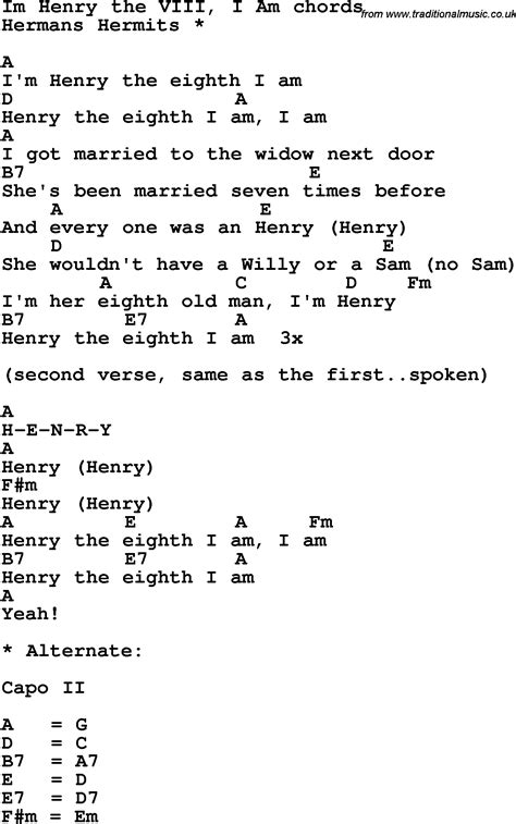 Song lyrics with guitar chords for I'm Henry Viii