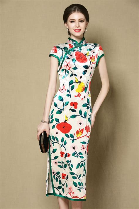 Beautiful Flower Print Velvet Qipao Cheongsam Dress - Qipao Cheongsam ...