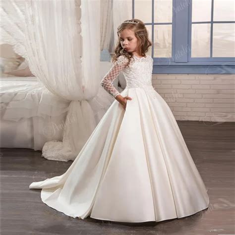 First Communion Dress Long Sleeves Pockets Appliques Satin Ivory flower girl dresses Custom Made ...