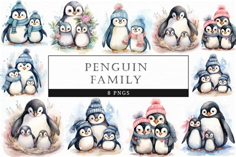 Penguin Family Watercolor, Clipart, Scrapbooking, Stickers