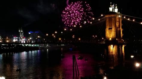 Friday night Fireworks over the Ohio river after the Cincinnati Reds game,Roebling suspension ...