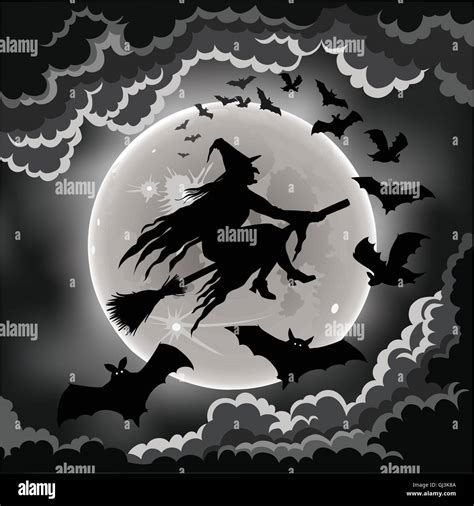 Wicked witch silhouette and bats flying by the moon Stock Vector Art ...